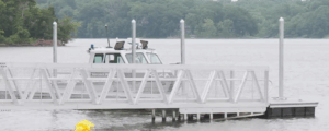 BoardSafe Sanders Ferry floating dock with boat