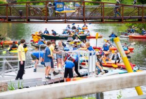 BoardSafe Docks Chittenango Landing kayakers on dock and water