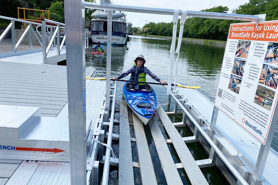 Paddler in kayak in boarding chute